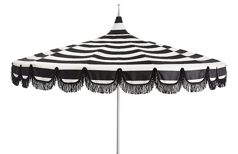 Aya Pagoda Patio Umbrella, White/Black Stripe | One Kings Lane