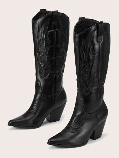 Stitch Detail Point Toe Chunky Heeled Western Boots | SHEIN