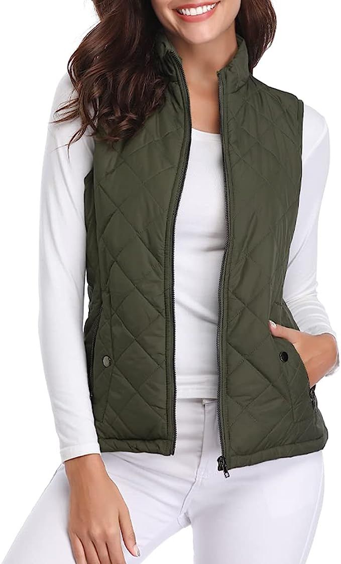 fuinloth Women's Quilted Gilet, Stand Collar Lightweight Zip Padded Vest | Amazon (UK)