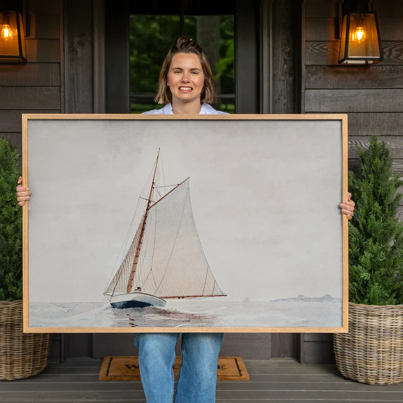 Coastal Wall Art Nautical Wall Art Large Beach House Wall Decor Vintage Sailboat Art Canvas Wall ... | Etsy (US)