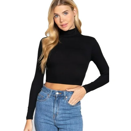 J. METHOD Women s Turtle Neck Crop Top Long Sleeve Ribbed Knit Casual Basic Cropped T Shirts | Walmart (US)