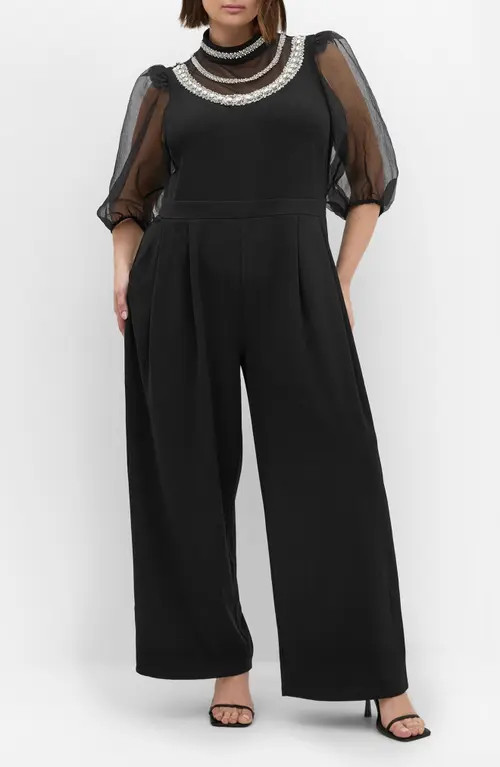 City Chic Phoenix Embellished Sheer Panel Jumpsuit in Black at Nordstrom | Nordstrom