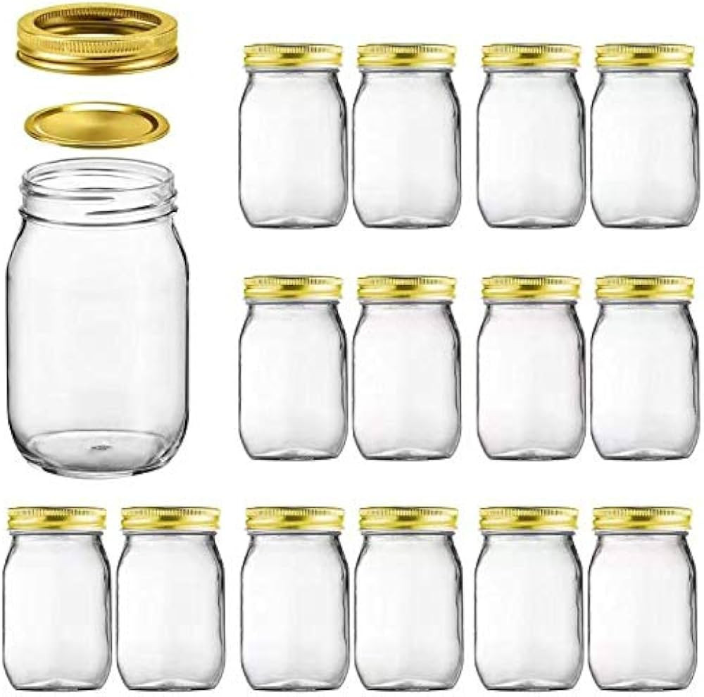 Encheng 16oz Mason Jars with Lids and Bands,Glass Regular Mouth 16 oz Glass Jars with Gold Lids,C... | Amazon (US)