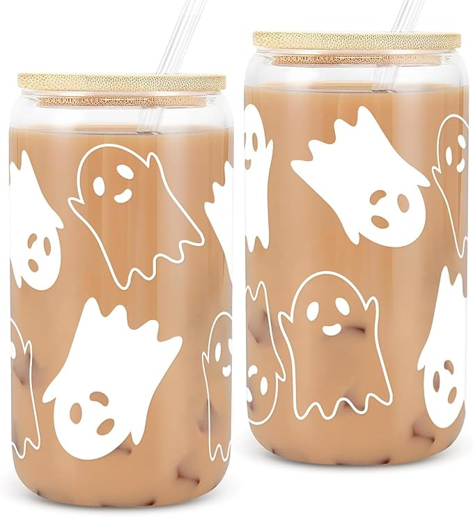 2PCS 18 oz Halloween Ghost Decorations Can Glass Cups,Tumbler Glass Mug with Lids Straws,Spooky C... | Amazon (US)
