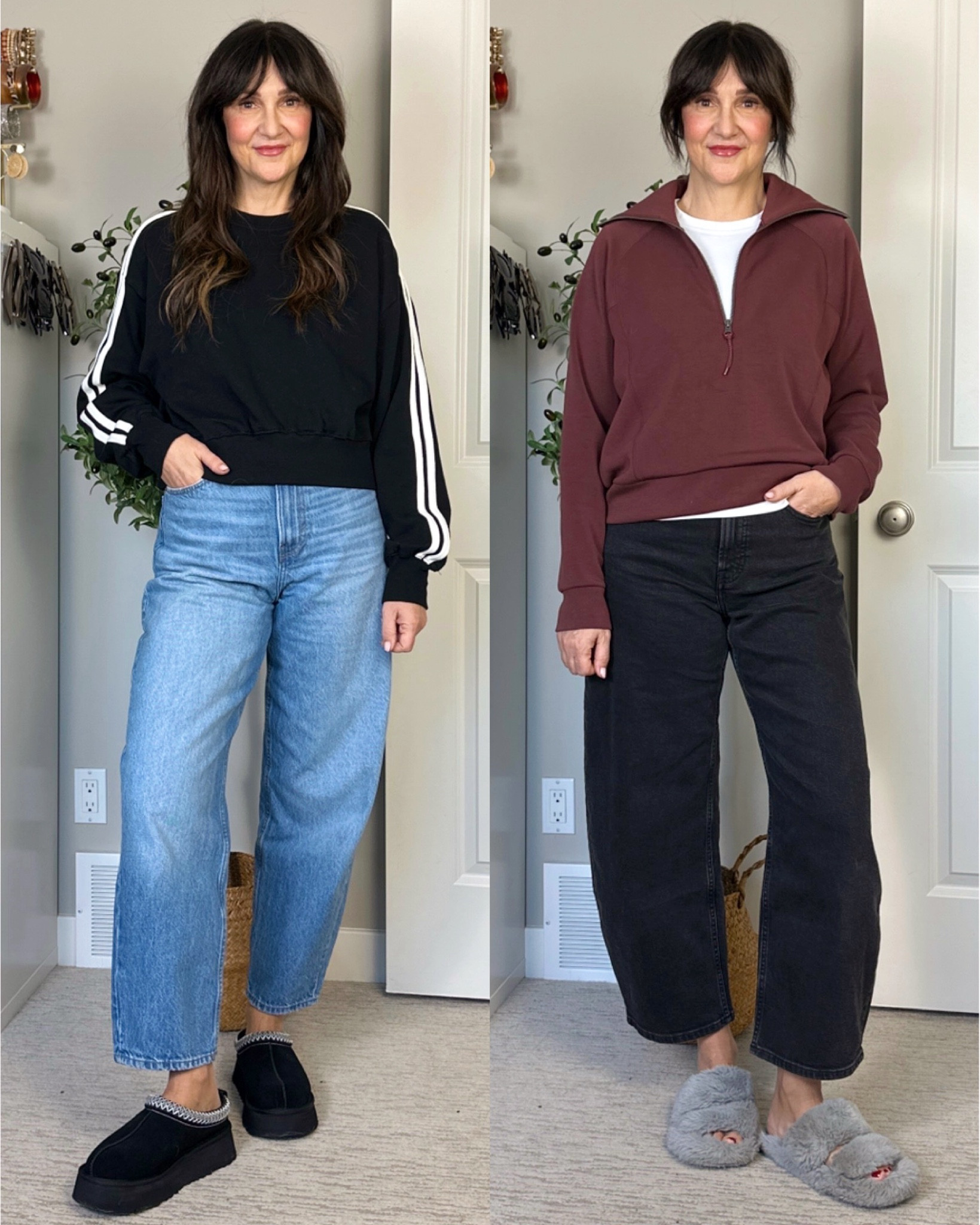 Barrel leg jeans outfit ideas: working from home!
I’m 5’ 7” size 4ish wearing my usual size 4 in the H&M jeans (left) and 27 in the Everlane jeans (right). The H&M pair are very high waisted, have a longer inseam and come in 13 washes. Mine is “light denim blue”.
The Everlane pair are more of a mid rise, have a shorter inseam and come in 7 washes. Mine is “washed black”.
Also linked the rest of the outfits, I’m wearing my usual size S in the tops. Use code CBSTYLEDXSPANX for an extra 15% off the 1/2 zip pullover & anything else at Spanx. In the Ugg Tazz slippers I sized up 1/2 size to 8 since they don’t come in 1/2 sizes. I went down to 7 in my other Uggs but these were more comfortable in size 8. 


#LTKStyleTip #LTKShoeCrush #LTKFindsUnder100