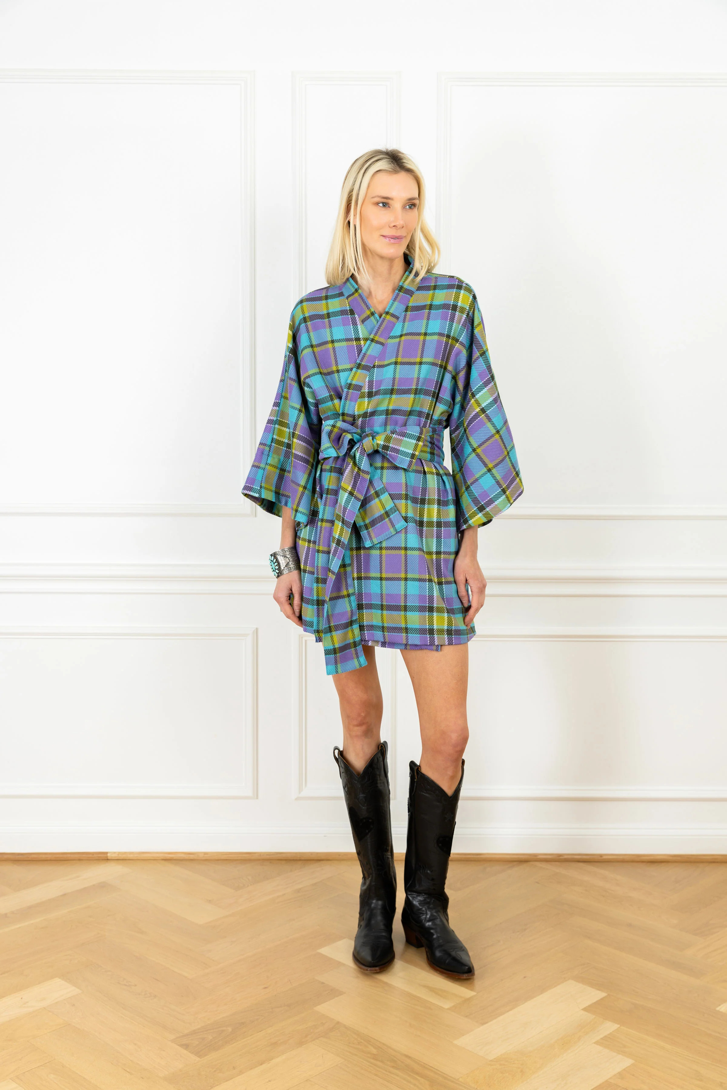 Electric Woven Plaid Mini Wrap Dress | La Vie Style House