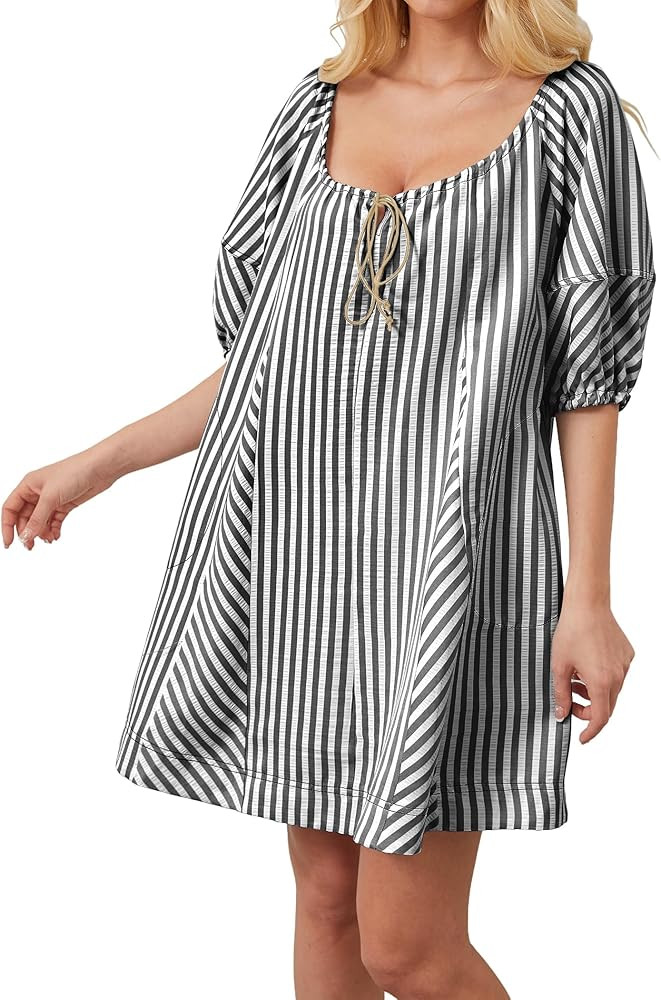 Women Striped Summer Dress with Pockets Casual Loose Puff Sleeve Mini Dress Adjustable V Neck Ove... | Amazon (US)