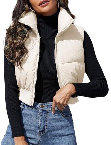 Dqbeng Cropped Puffer Vest Women Zip Up Stand Collar Sleeveless Outerwear Padded Crop Puffy Vests (Beige-M) | Amazon (US)