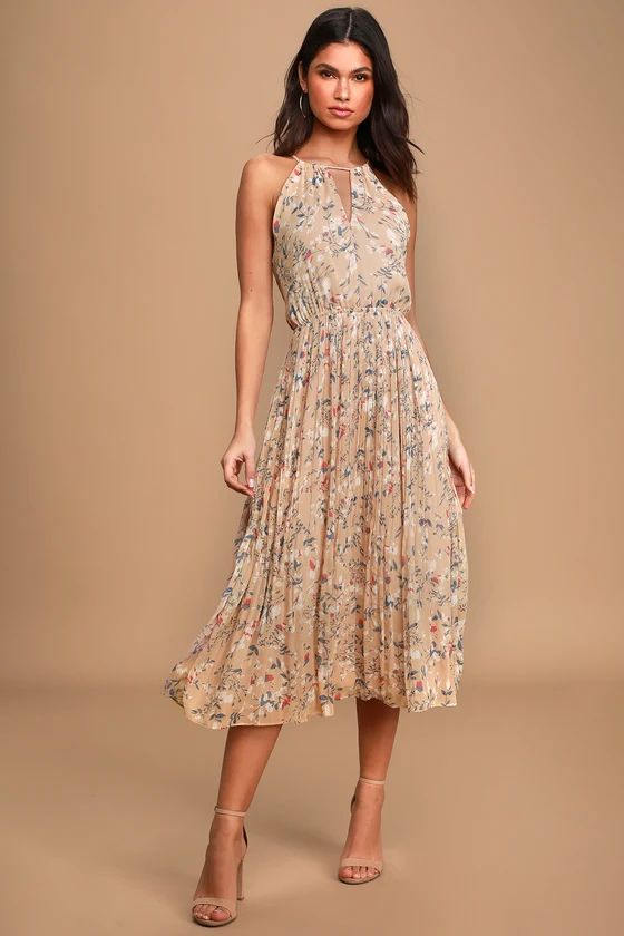 Beat of the Music Beige Floral Print Pleated Midi Dress | Lulus (US)