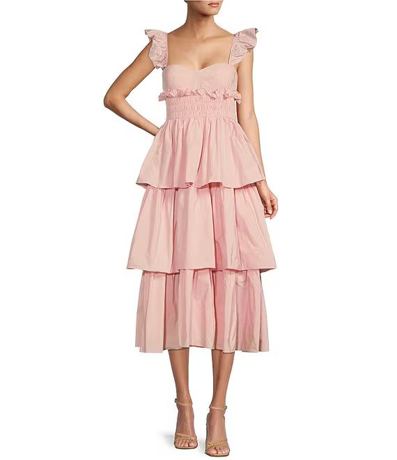 Leila Sweetheart Neck Sleeveless Taffeta Smocked Tiered Midi Dress | Dillard's