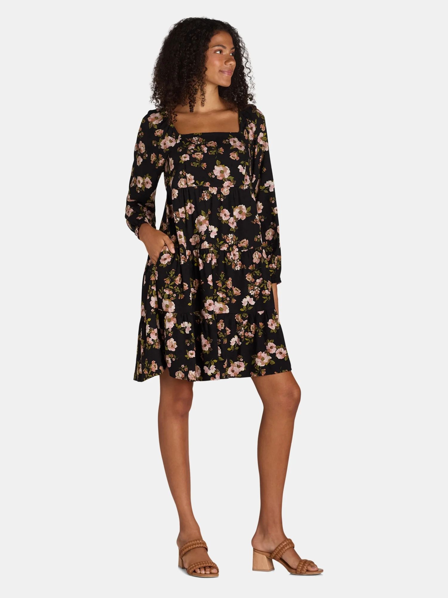 Time and Tru Women's Square Neck Mini Dress with Long Sleeves, Sizes XS-XXXL | Walmart (US)