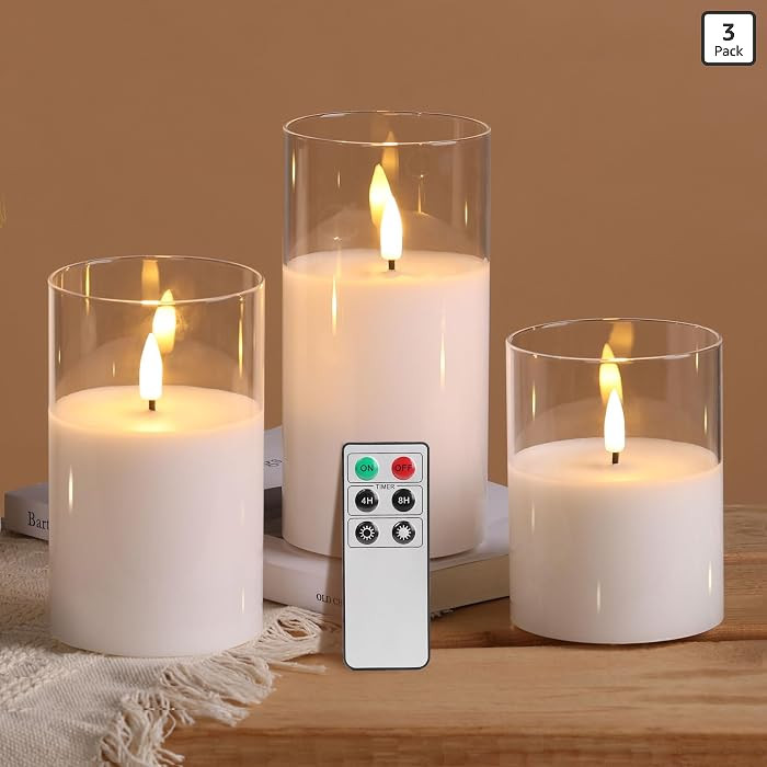 Clear Glass Flameless Candles with Remote Timer, Flickering Battery LED Pillar Candles Set of 3 | Amazon (US)