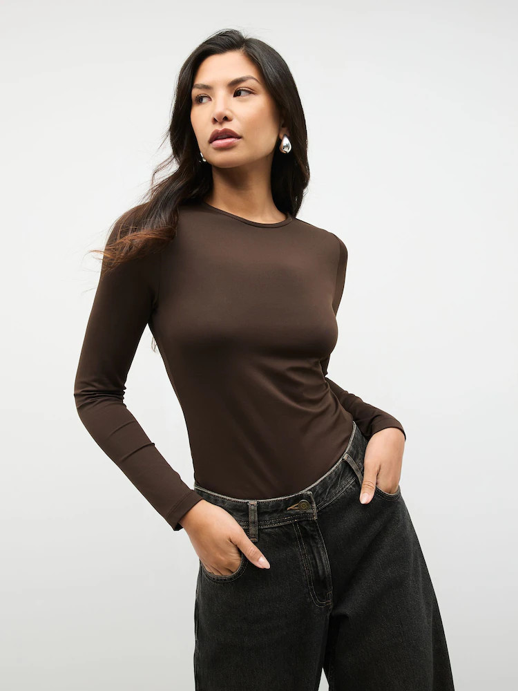Buy Chocolate Brown Soft Touch Slinky Nylon Crew Neck Long Sleeve Top from Next Ireland | Next EU