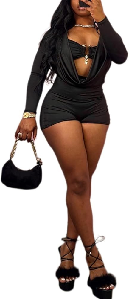 Jumpsuits for Women Sexy Deep V Neck Long Sleeve Romper Solid Color Bodycon Shorts Jumpsuit Going... | Amazon (US)