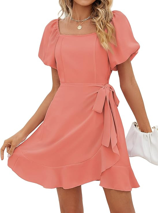 Sampeel Womens Summer Dresses Square Neck Puff Sleeve Tie Waist Short Dress | Amazon (US)