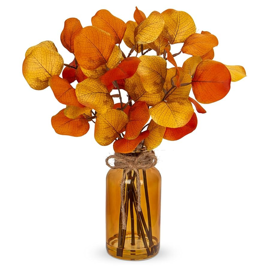 Briful Artificial Eucalyptus Stems in Amber Glass Vase with Faux Water, 14" Fake Fall Plant Autum... | Amazon (US)