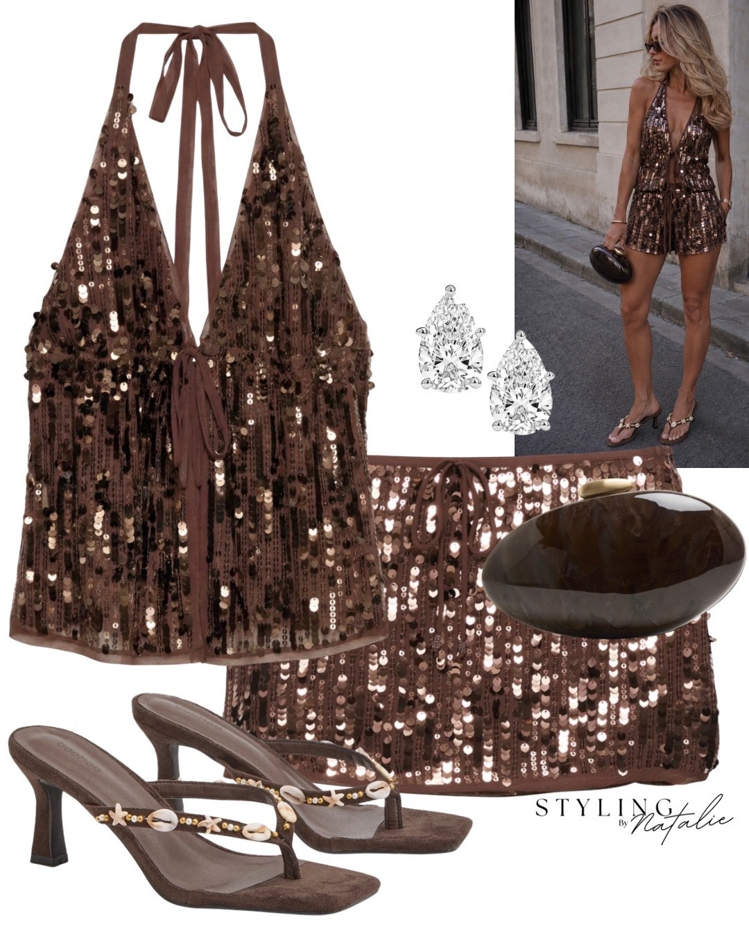 Brown sequin halter neck and mink skirt co ord set, shell detail sandals and acrylic clutch bag with pear shaped earrings. 
Ibiza outfit, summer outfit, Pull & bear #pullandbearcommunity @Pull & Bear

#LTKuk #LTKsummer #LTKeurope