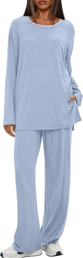 Darong Women's 2 Piece Lounge Set Casual Long Sleeve Crew Neck Tops Wide Leg Pants Travel Airport... | Amazon (US)