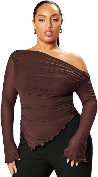 WDIRARA Women's Plus Size Off Shoulder Mesh Ruched Asymmetrical Long Sleeve Knitted Tops T Shirt | Amazon (US)