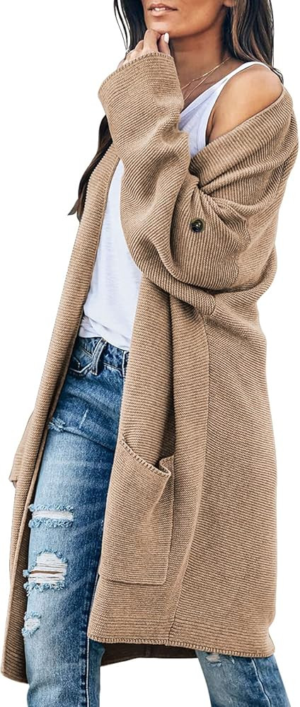 AMCLOS Womens Chunky Knit Long Cardigan with Open Front Pockets Sweater Roll Tab Sleeves with Button | Amazon (US)