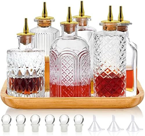 LINALL Bitters Bottle Set of 6 - Glass Vintage Bottles with Tray Decorative Bottles with Dash Top... | Amazon (US)