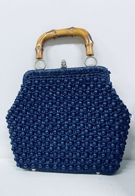 Made In Italy Dominic Woven Navy Raffia & Bead Bag Wooden Handle VTG MCM | eBay US