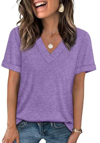 WIHOLL Womens Short Sleeve Tops V Neck Dressy Casual Summer Tops Solid Color Trendy Basic T Shirts Purple S | Amazon (US)