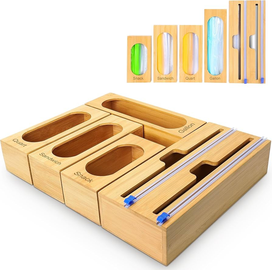 Individual Storage Bag Organizer for Kitchen Drawer, Bamboo with Foil and Plastic Wrap Organizer ... | Amazon (US)