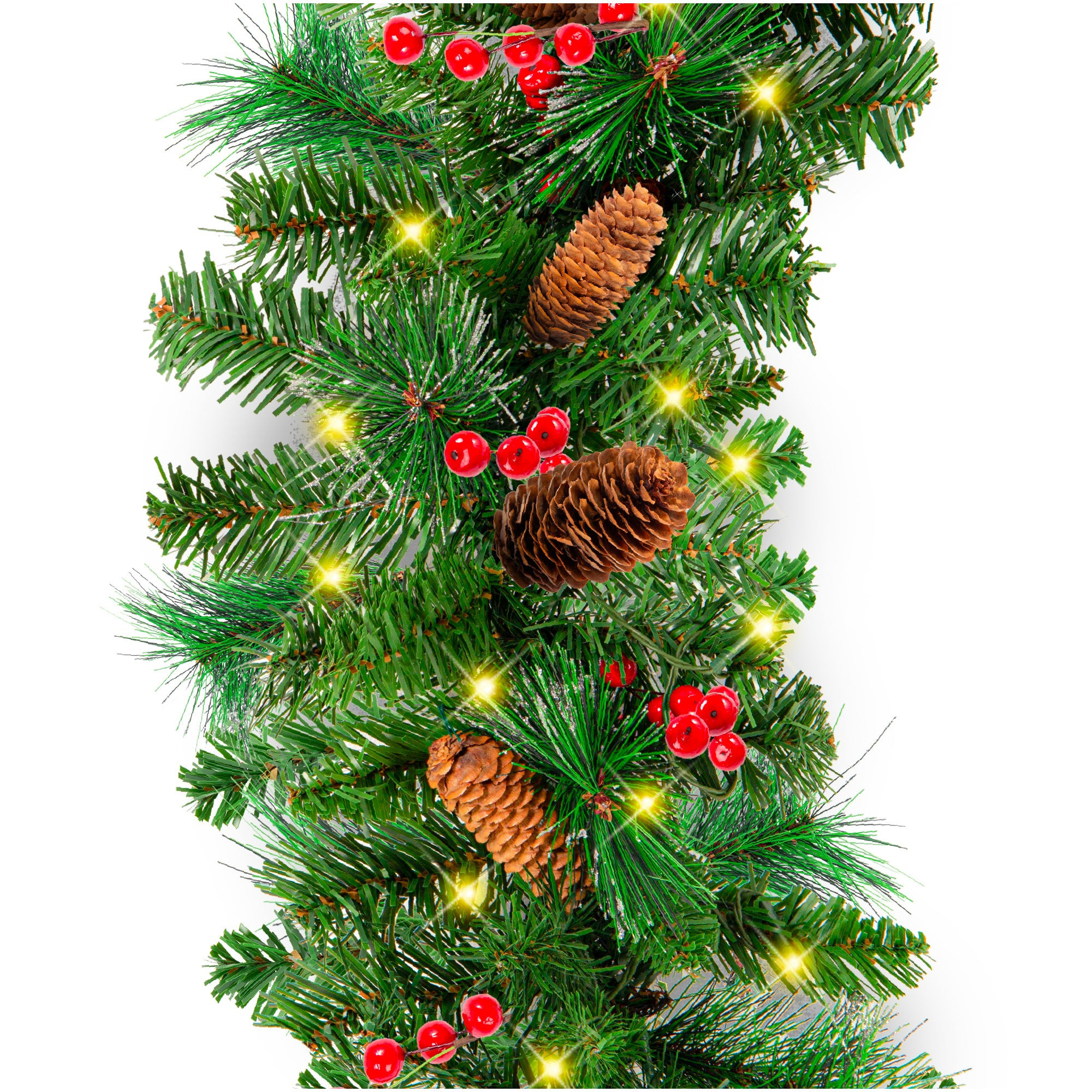 9ft Pre-Lit Christmas Garland w/ 50 Lights, Pine Cones, Berries | Best Choice Products 