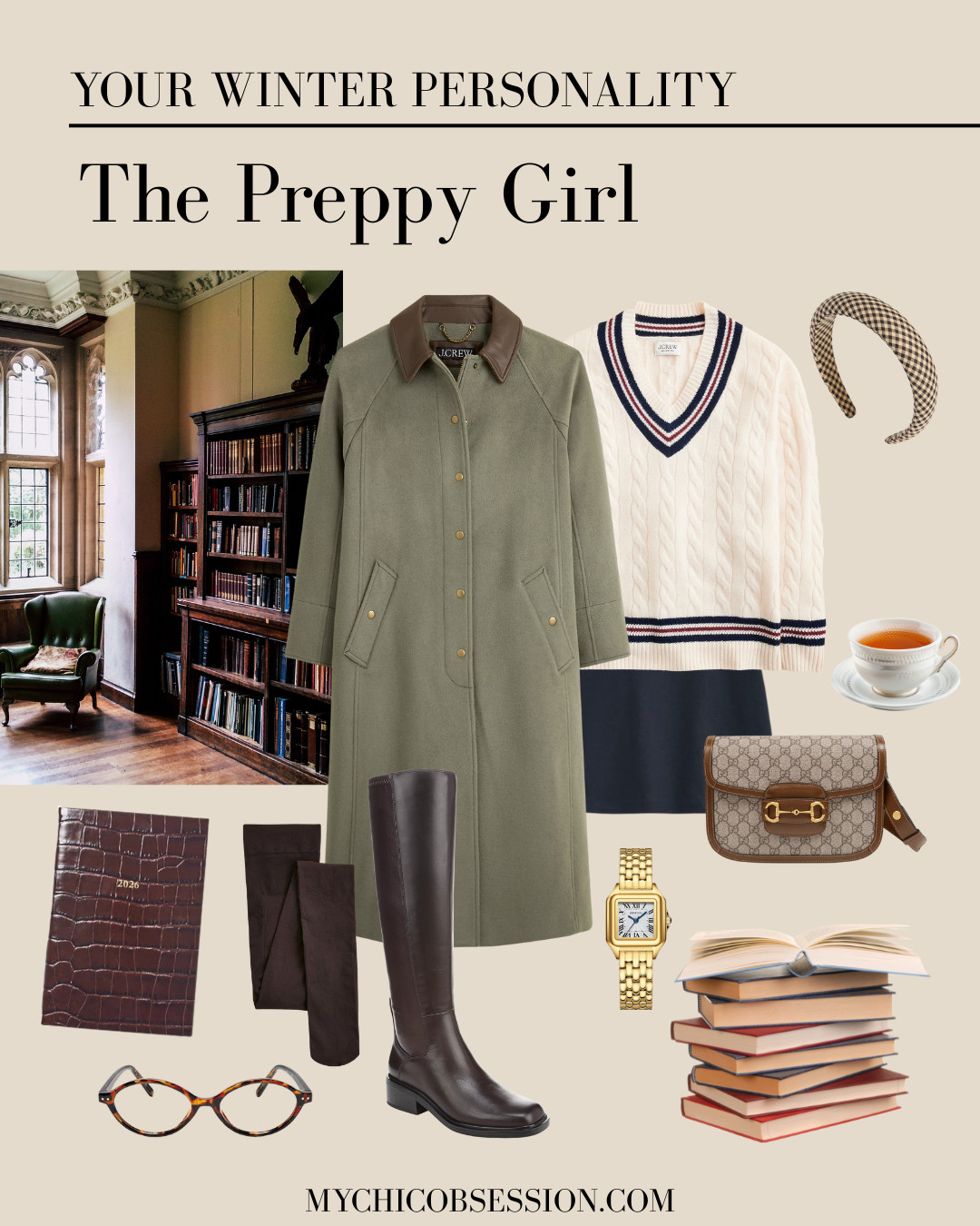 Love the preppy aesthetic for fall and winter outfits? Pair a v-neck cable knit sweater with a long barn coat, a mini skirt and tights, and knee-high riding boots to stay warm. Accessorize with horse-bit details, gold jewelry, and chic reading or blue light glasses. 

 #LTKSeasonal