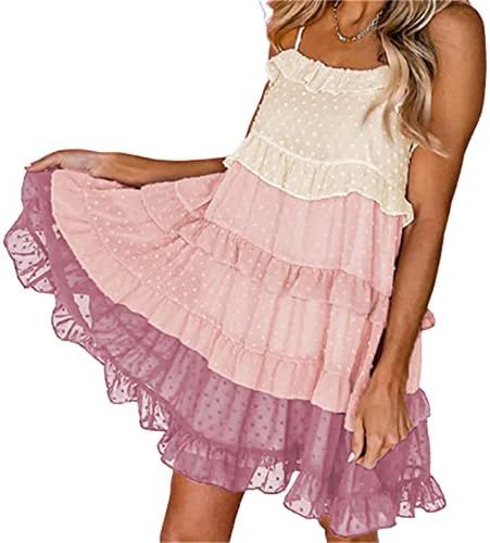 Amazon.com: Swiss Dot Color Block Tiered Mini Dress,Women Spaghetti Strap Summer Beach Casual Dre... | Amazon (US)