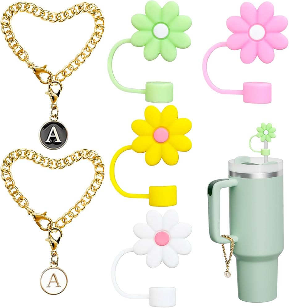 4PCS Straw Cover Fit for Stanley Cup, 10mm Silicone Straw Topper Protector Lid with 2PCS Initial ... | Amazon (US)