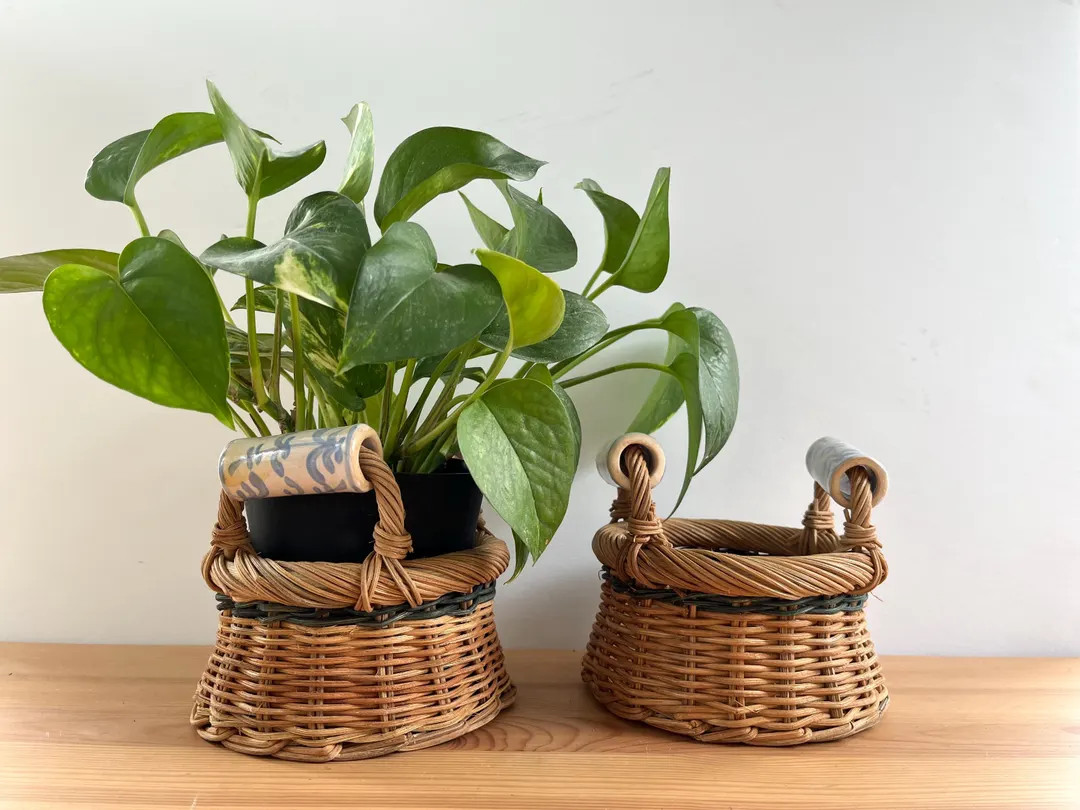 Vintage Small Wicker Planter Baskets, Set of 2 with Blue and White Ceramic Handles | Etsy (US)