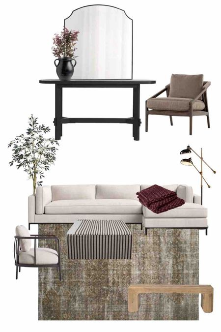 Fall living room design, white chaise sofa, black console, fabric ottoman, floor lamp, reclaimed wood bench

#LTKsalealert #LTKunder100 #LTKhome
