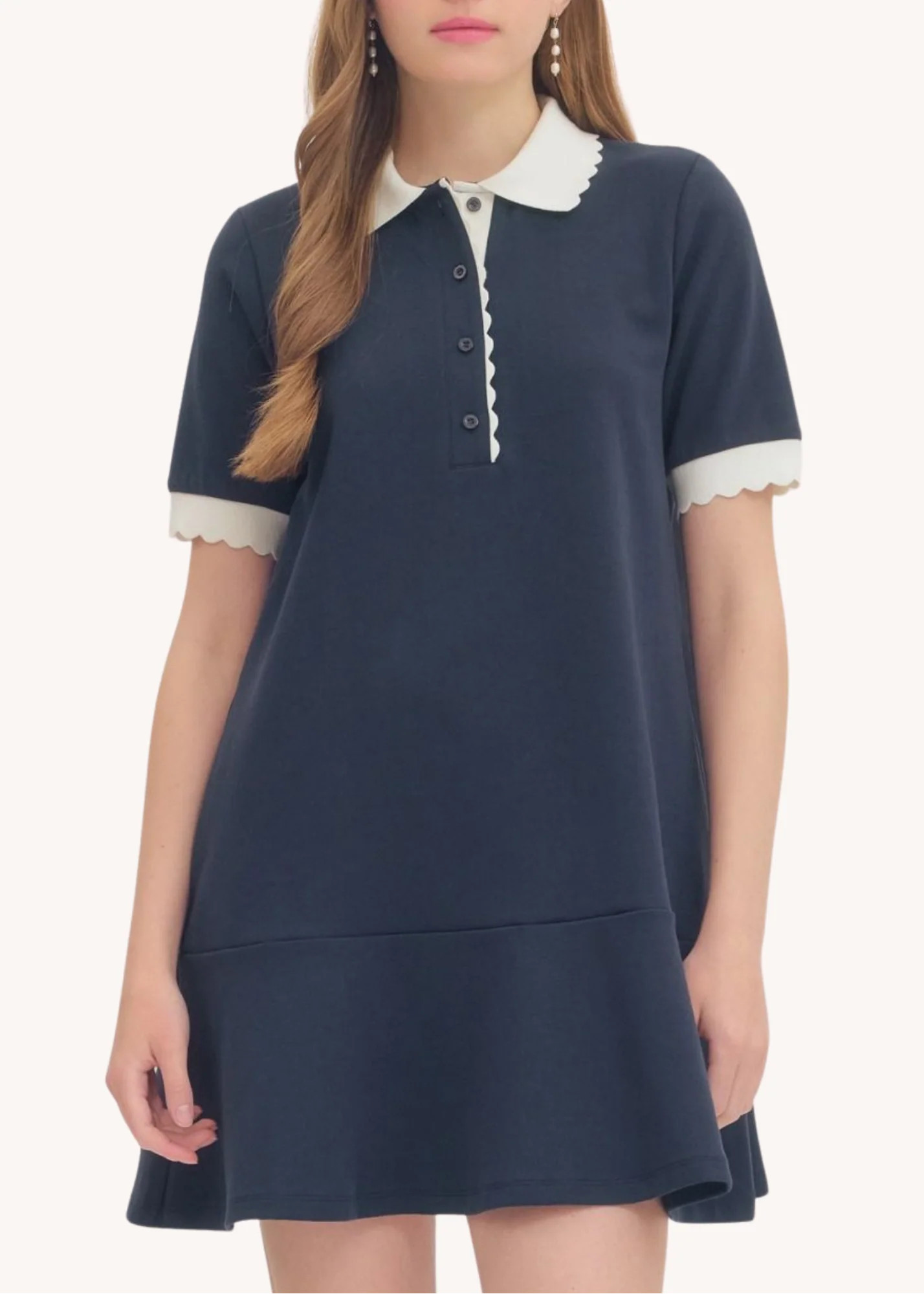 Celia Scalloped Cotton Mini Dress in Navy | Poppy and Pink
