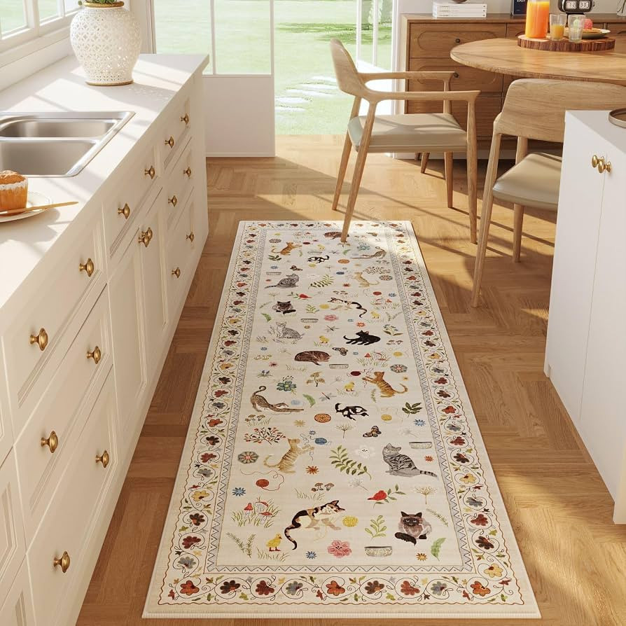 Rugcomf 2x5 Runner Rug - Floral Cat Machine Washable Kitchen Rug, Non-Slip Low Pile Boho Carpet f... | Amazon (US)