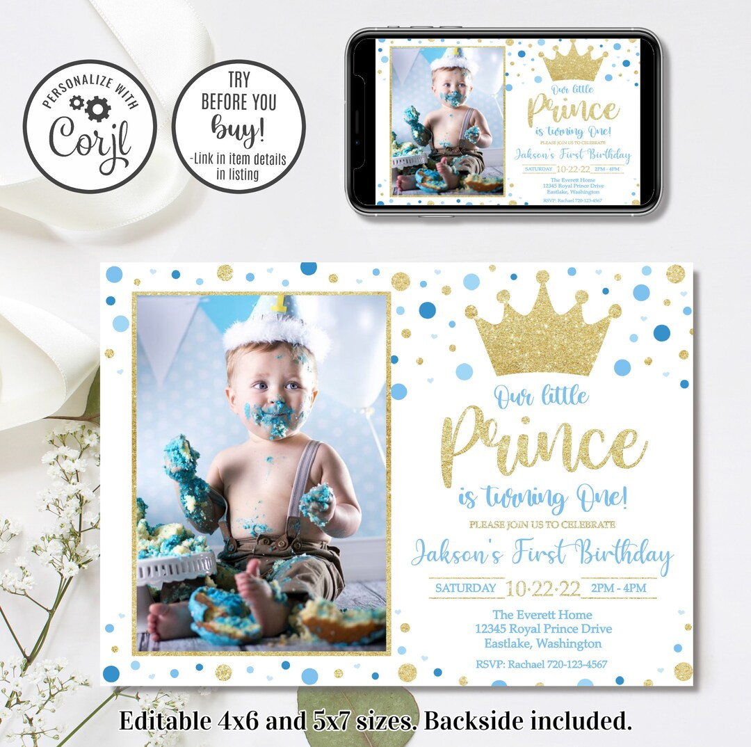 Editable Prince Birthday Invitation, Boy 1st Birthday Invitation, Prince Invitation, 4x6 & 5x7 - ... | Etsy (US)