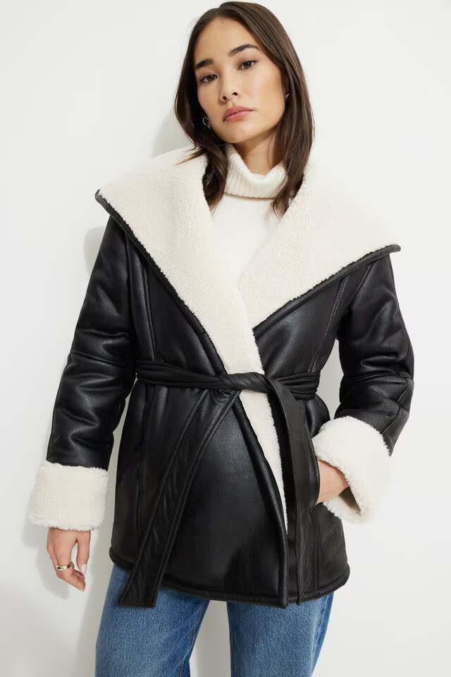 Sherpa Short Faux Leather Wrap Coat | Dynamite Clothing