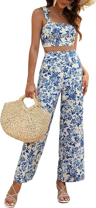 Floerns Women's 2 Piece Sets Summer Boho Floral Crop Tank Cami Tops and Wide Leg Pants Vacation O... | Amazon (US)