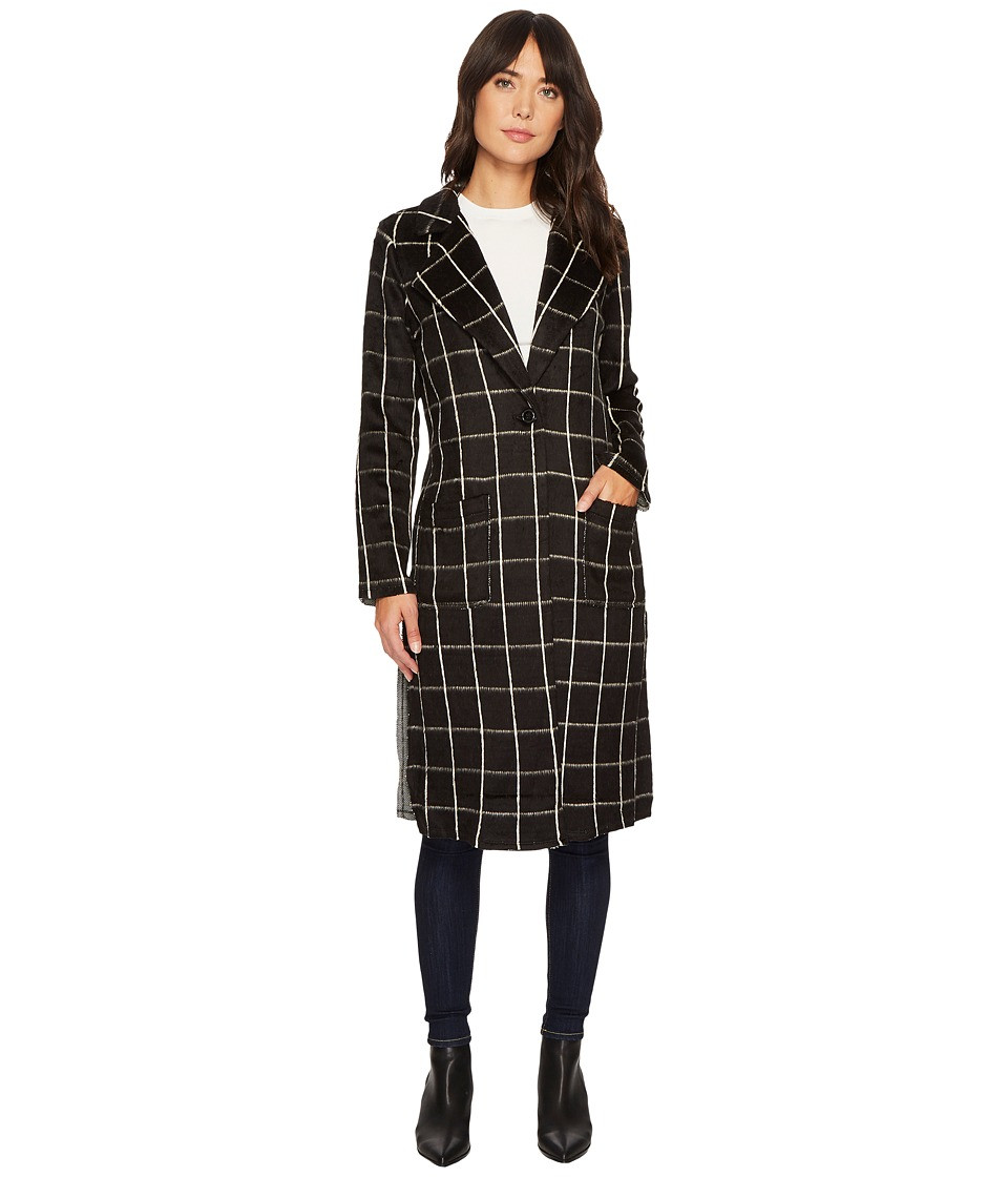 Michael Stars - Plaid Coating Long Sleeve High Slit Coat (Black) Women's Coat | Zappos