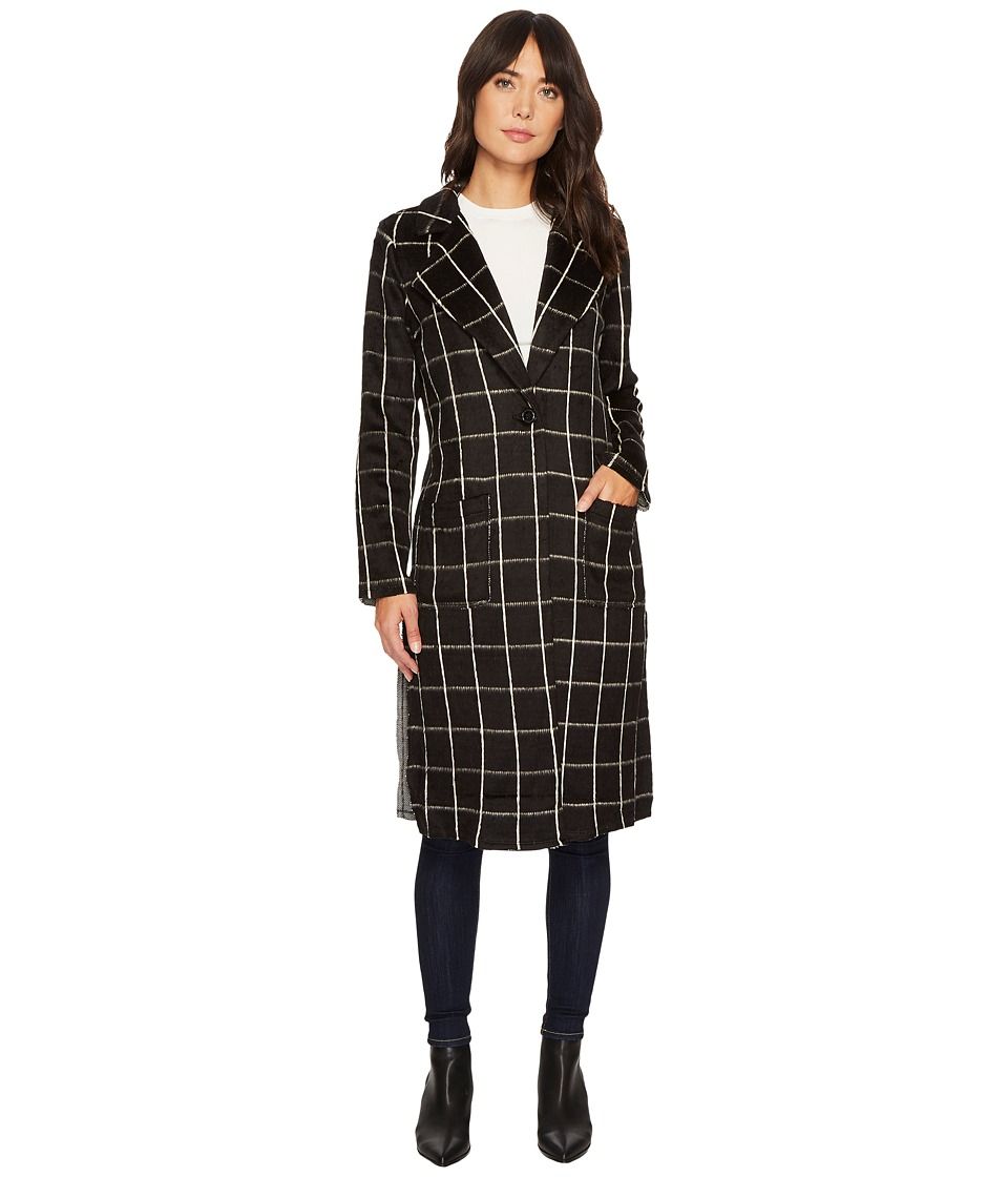 Michael Stars - Plaid Coating Long Sleeve High Slit Coat (Black) Women's Coat | Zappos