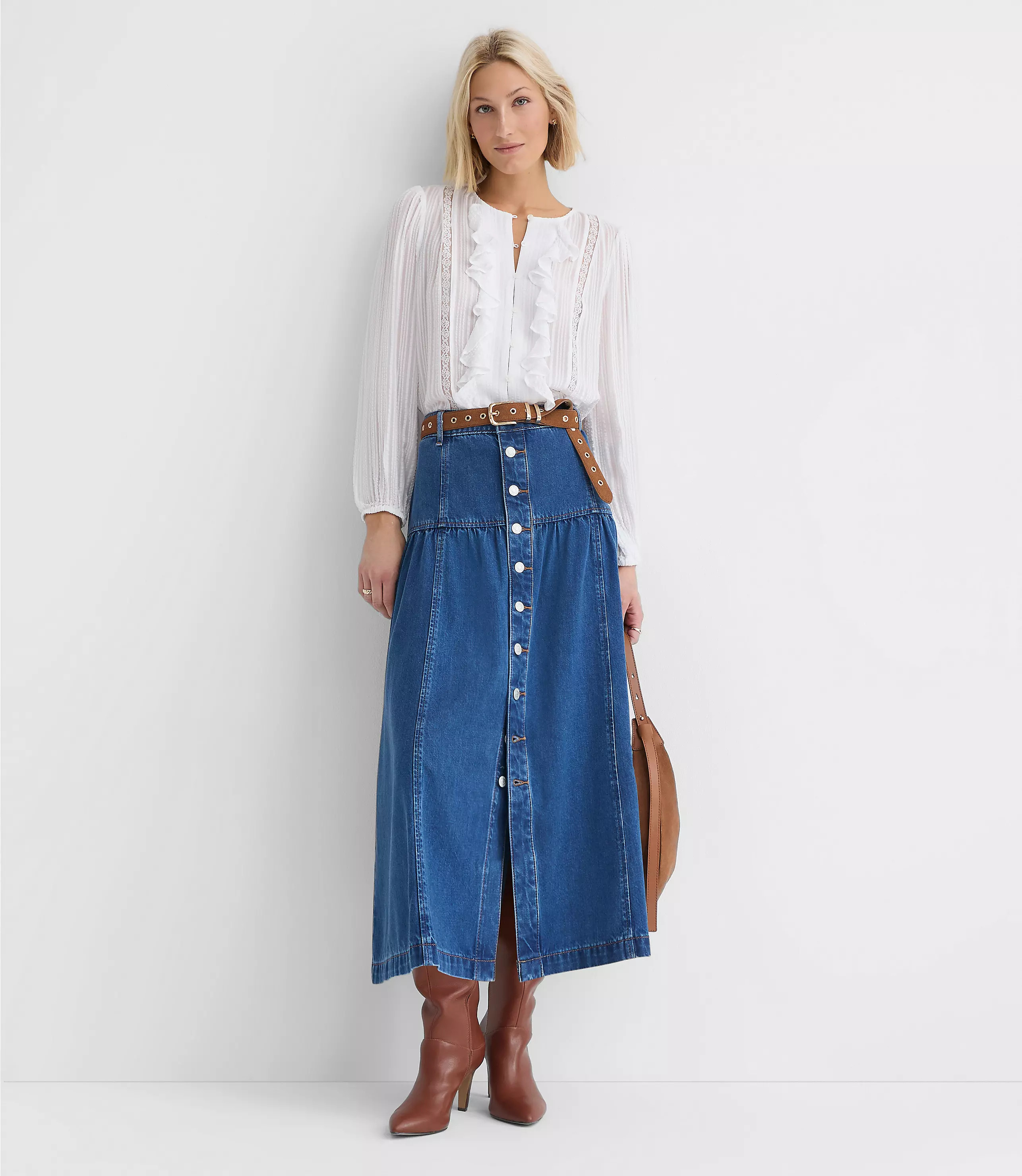 Yoke Button Denim Midi Skirt in Classic Mid Wash | LOFT