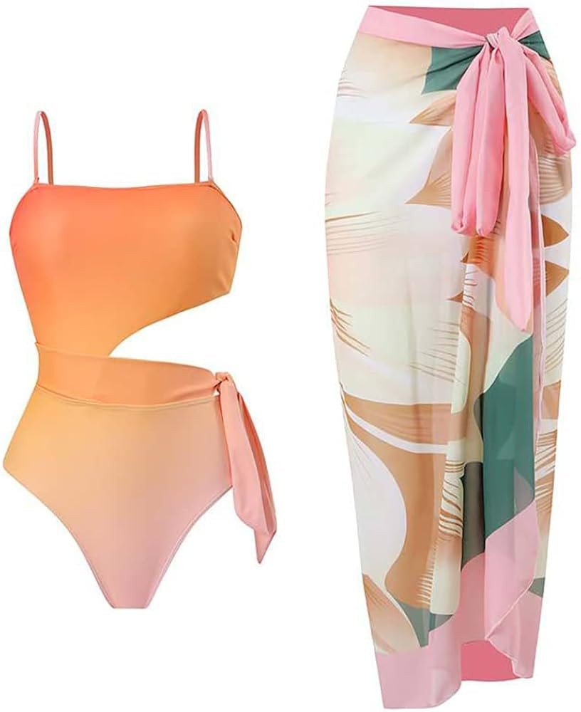 IDOPIP Women's One Piece Swimsuit with Beach Cover up Wrap Skirt Sarong Retro Floral Print Bikini... | Amazon (US)
