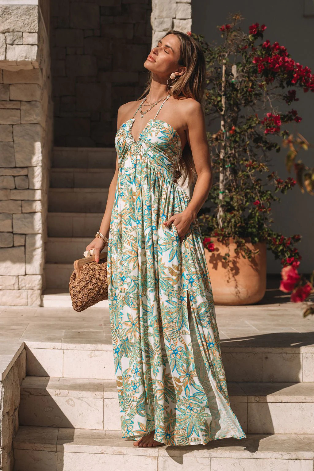 Teal Floral Print Halter Maxi Dress | Magnolia Boutique