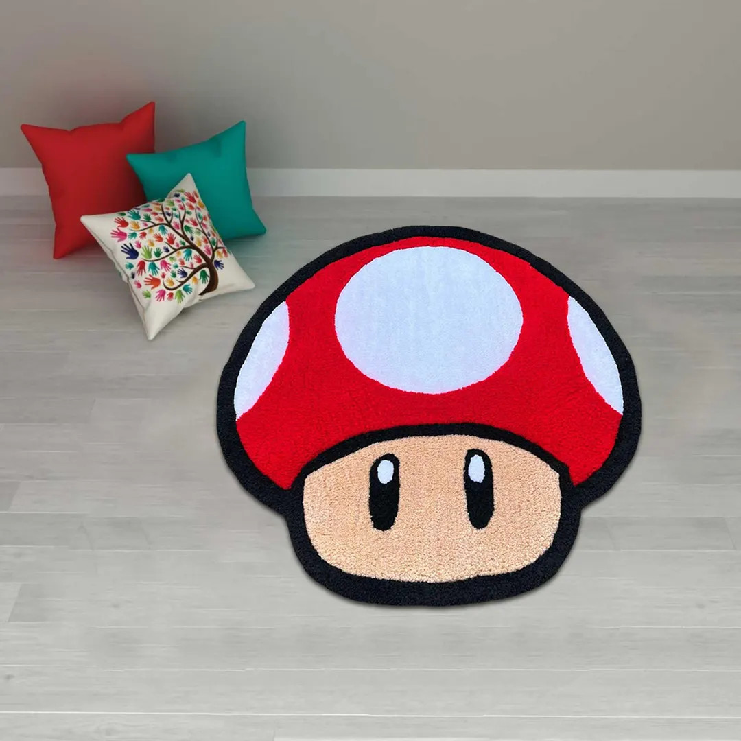 red mushroom rug, toad rug, retro game area rug, gaming room decor, M-ario rug, mushroom rug, cus... | Etsy (US)