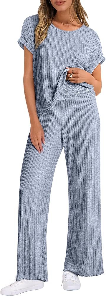 ANRABESS Lounge Sets For Women Fall Ribbed Knit 2 Piece Pajama Sets Casual Short Sleeve Top and L... | Amazon (US)