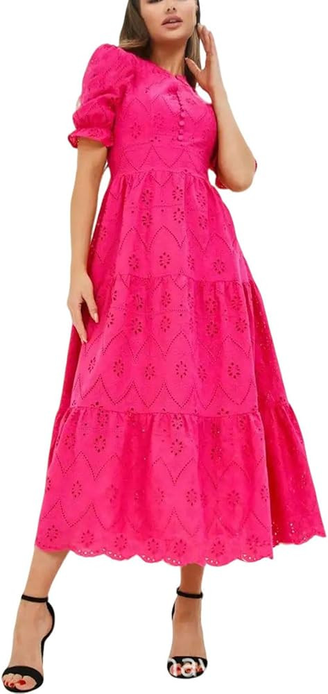 utcoco Womens Eyelet Lace Embroidered Dress Elegant V Neck Short Puff Sleeve Tiered A Line Midi D... | Amazon (US)