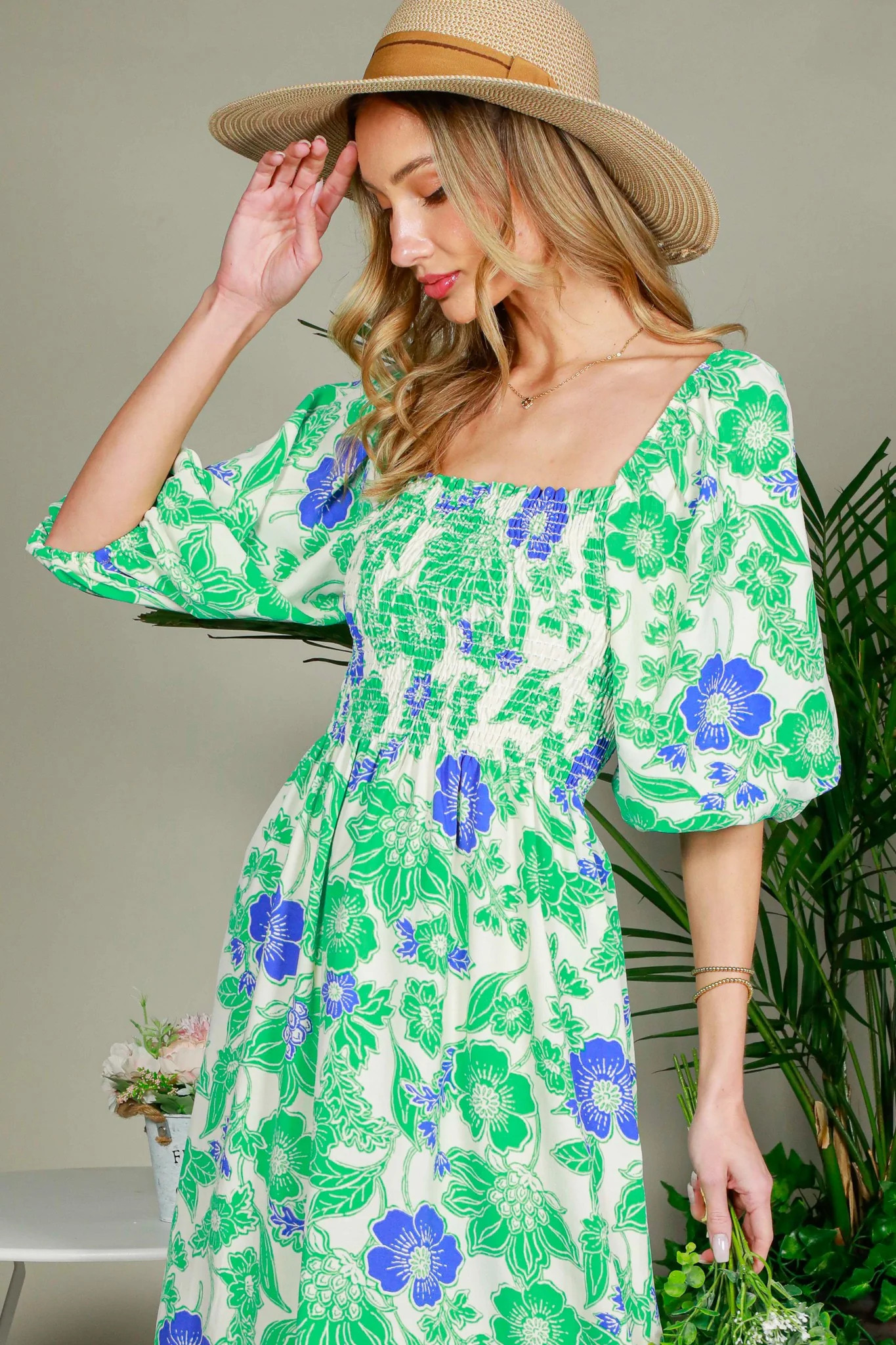 Green Floral Smocked Square Neck Midi Dress | PinkBlush Maternity
