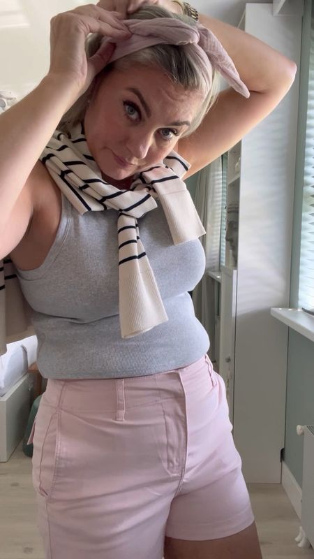 30 days of summer outfits. The viral Uniqlo ribbed crop top with built in bra in grey paired with soft pink twill shorts, double buckle sandals and a striped sweater (Zara). Headband is from Luvvies by Saar  

#LTKSeasonal #LTKeurope #LTKcurves