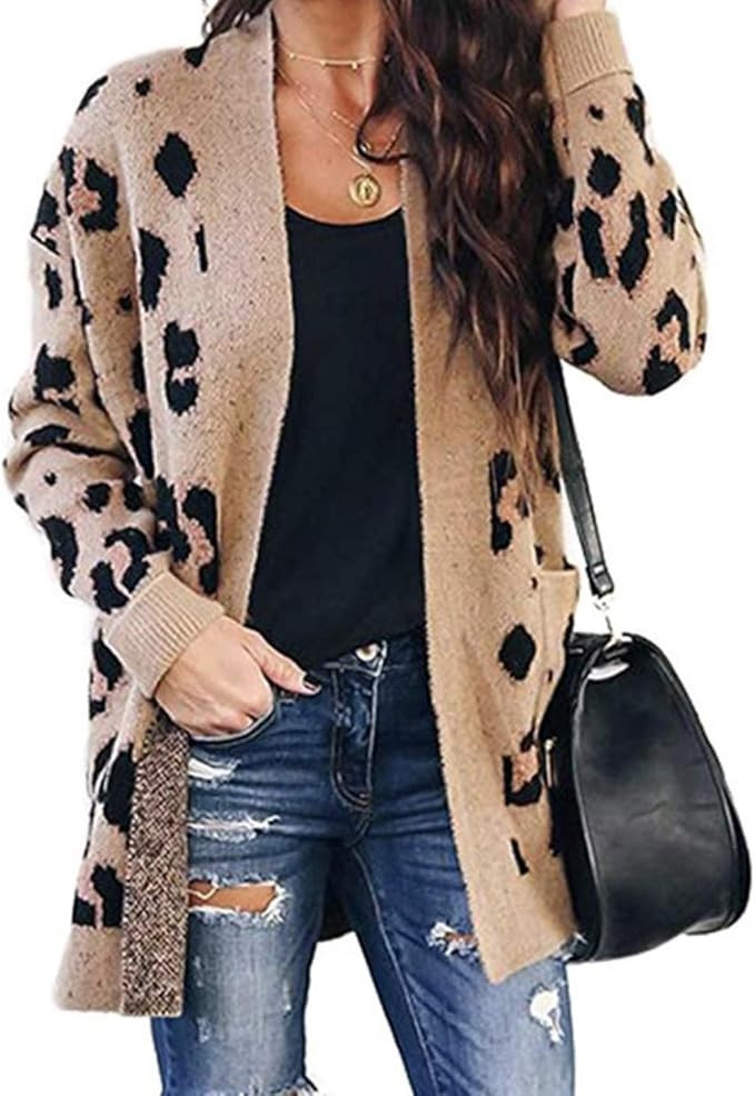 BTFBM Women Chic Leopard Print Cozy Sweater Pockets Button Down Open Front Loose Knitted Long Car... | Amazon (US)